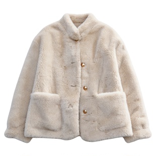 Basic House/百家好米色立领毛茸茸外套女冬加厚保暖短款环保皮草