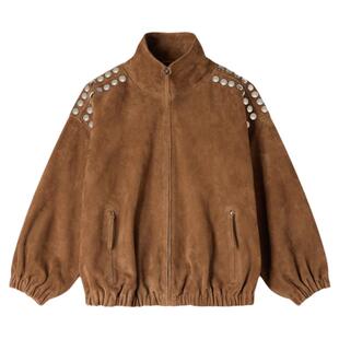 [米卡同款]SANDRO2026春季新款女装法式羊皮革铆钉短款立领皮夹克