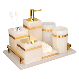 卫浴五件套白玉大理石洗漱套装卫生间托盘刷牙洗漱口杯用品套件