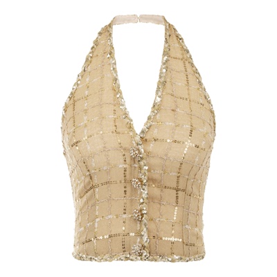 Wardrobes by chen25AW 金银丝珠片粗花䏆挂脖上衣荷叶边大摆半裙