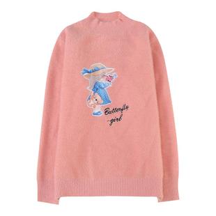 水貂绒毛衣女宽松外穿半高领刺绣洋气针织衫少女中学生黄金貂上衣