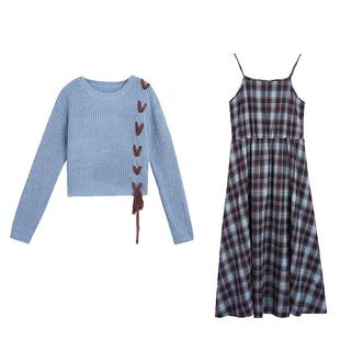 紫涵蓝咖格纹吊带连衣裙羊毛套头针织衫两件套装女2025年冬季新款