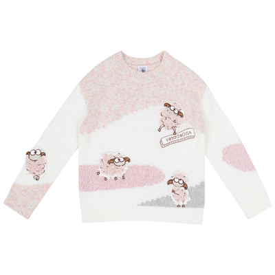 绣花小羊粉白拼色花色线毛衣