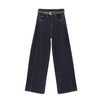 Basic House/百家好复古高腰阔腿牛仔裤秋冬新款宽松加绒裤子2025