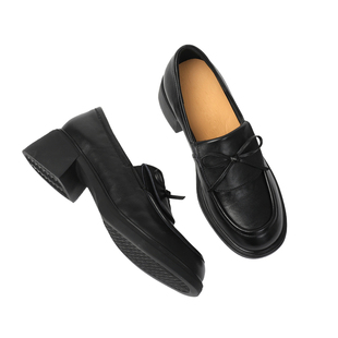 头层牛皮英伦风真皮乐福鞋女黑色蝴蝶结粗跟一脚蹬通勤单鞋学院风