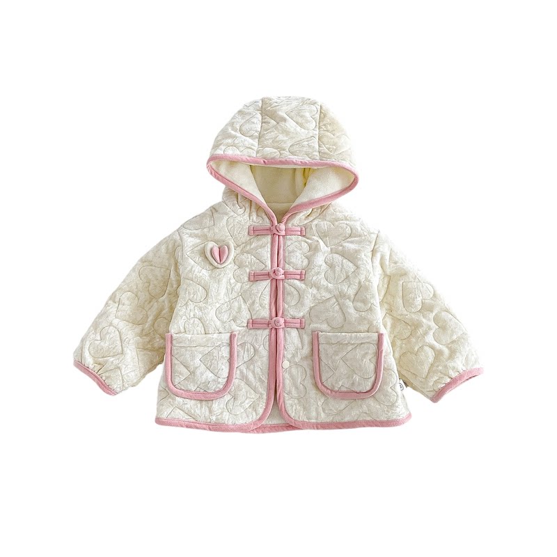 女童冬季加绒连帽盘扣爱心棉服