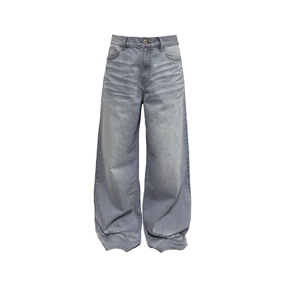 JCAESAR DENIMS 浅蓝灰水洗牛仔裤 高盎司牛仔 高温压褶 直筒微阔