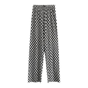 冰丝棋盘格子阔腿裤女夏季新款韩版花纹休闲裤子女宽松显瘦长裤女