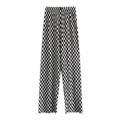高腰冰丝棋盘格阔腿裤长裤