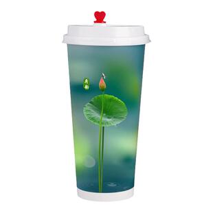 中国荷韵500ml古风加厚700ml奶茶纸杯子一次性带盖纸杯商用定制