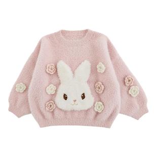 幼悠女童小白兔贴布刺绣毛衣冬季软萌可爱罗纹织边保暖抗寒上衣潮