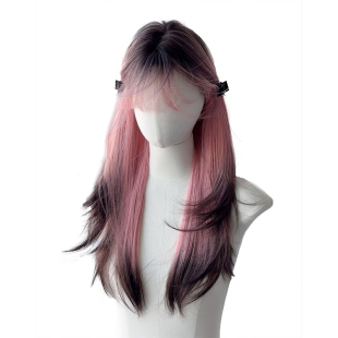 万圣节【粉版暹罗猫】假发女长发日常粉色渐变黑长直发cos全头套