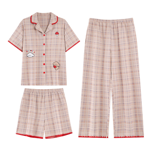 芬腾可安带胸垫三件套睡衣女士夏天2026新款夏季家居服棉短袖长裤