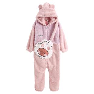 芬腾布朗熊睡衣女士秋冬季珊瑚绒连帽连体衣加绒加厚抗静电家居服