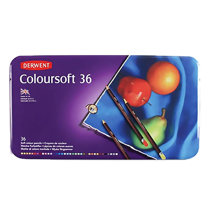 英国【DERWENT得韵旗舰店】Coloursoft软芯彩色铅笔静物山水画人物用涂色填色彩笔12/24/36/72色铁盒