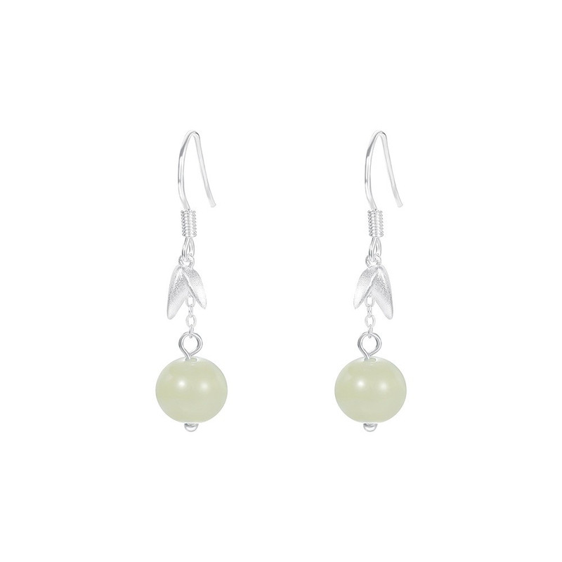 s925银纯银竹子叶和田玉坠耳环女