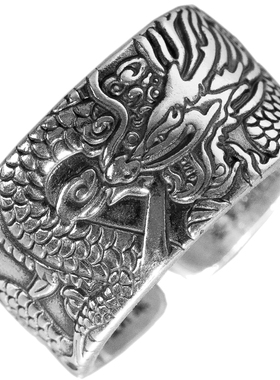 复古纯银男999银龙戒指心经霸气