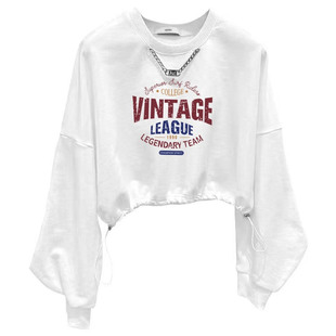 送挂链/棉短款卫衣宽松圆领春秋薄款白色长袖高腰小个子上衣抽绳