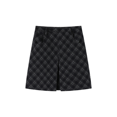 AXIA 复古藏蓝色菱格毛呢半身裙女2025秋冬新款高腰短款a字裙子