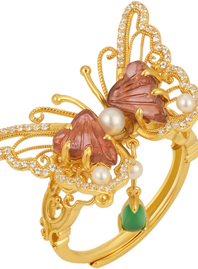 非遗花丝蝴蝶碧玺珍珠银鎏金戒指