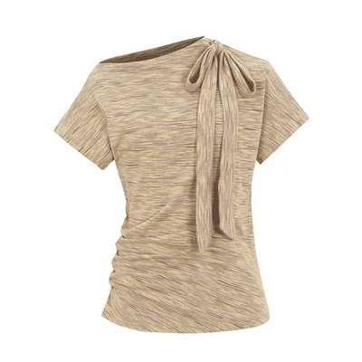 dorydory 复古斜肩蝴蝶结针织短袖T恤轻奢高级感斜肩上衣打底衫