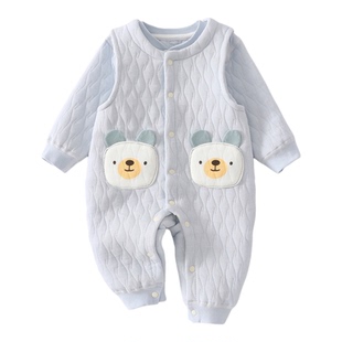 婧麒新生婴儿衣服春秋季连体衣保暖夹棉男女宝宝对开背带春季哈衣