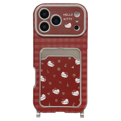 jze 韩风红格纹可爱哈喽KT卡包适用苹果17ProMax手机壳iphone15新款16pro女13腕带挂绳15pro皮纹14防摔保护套