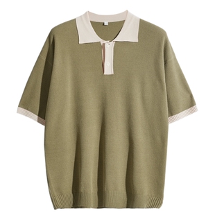 YUXIAN余闲复古拼色针织Polo衫T恤短袖翻领港风宽松美式男士春夏