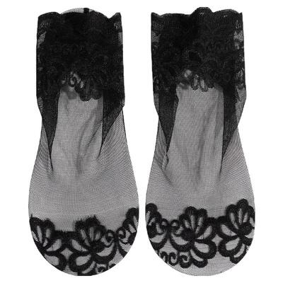 网纱薄款黑色中筒袜春夏季橙乙蕾丝短袜子女纯棉底纯色花边短筒袜