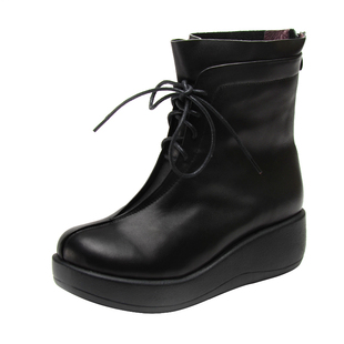 一席之地靴子女真皮厚底圆头中靴加绒加厚防滑坡跟舒适冬季女短靴
