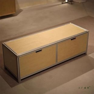 工业风铝型材咖啡店长凳桦木海洋板储物柜卡座奶茶店长椅子两用桌