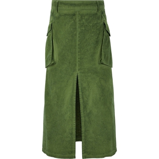 【折扣】HALFBOY 夏季女绿色棉质平纹布中长半身裙