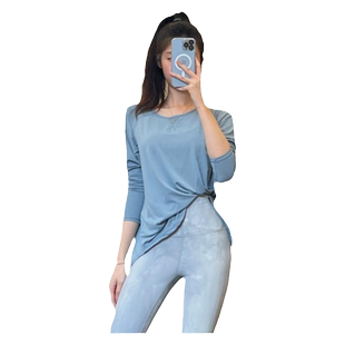 罩衫女健身长袖t恤宽松长款开叉遮屁股运动上衣薄款瑜伽服