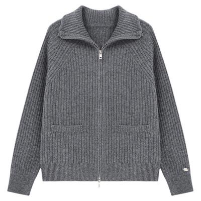 百家好26秋冬双头拉链针织开衫女竖条纹显瘦通勤百搭灰色翻领毛衣