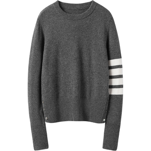 越穿越上瘾！四条杠羊绒衫女纯羊绒针织圆领套头毛衣秋冬