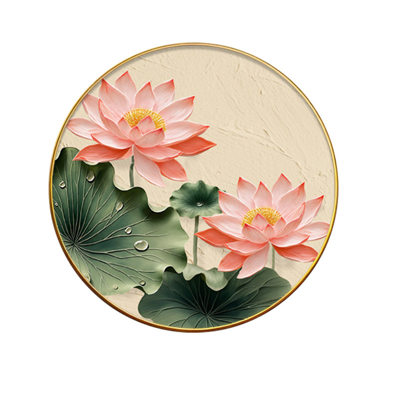 奶油风荷花厕所卫生间圆形挂画