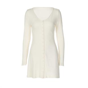 shemoda欧美风深V领单排扣开衫长袖连衣裙女秋季纯色修身一步短裙