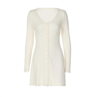 深V领纽扣开衫长袖连衣裙