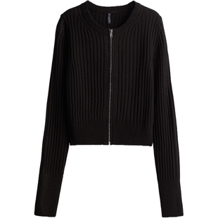 HM女装毛针织衫春季row系针织衫舒适圆领罗纹拉链开衫外套1232356