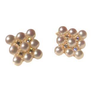 通勤气质 纯银S925天然珍珠方形耳钉菱形珍珠锆石耳饰耳夹 小香风