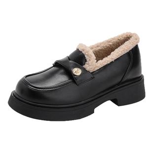 加绒黑色小皮鞋女2025冬新款厚底保暖内增高一脚蹬乐福鞋小码单鞋
