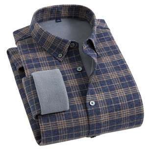 2025冬季男士格子纯棉长袖衬衫磨毛加绒加厚保暖衬衣休闲外套男款