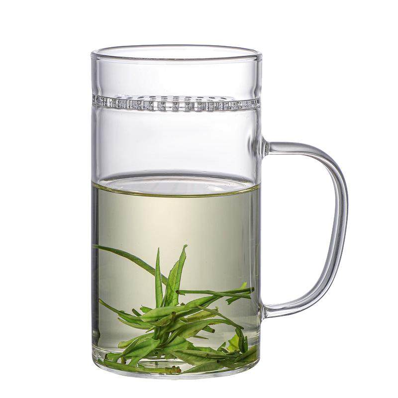 大容量茶水分离，带把耐热玻璃杯