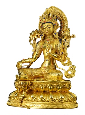 尼泊尔铜鎏金绿度母佛像15cm