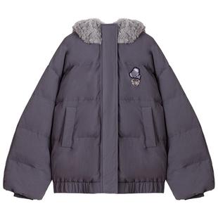 KEIKO 可爱毛熊连帽灰色棉服棉袄女冬季设计感加厚保暖短款面包服