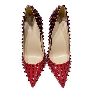 2022年欧美新款10cm细跟渐变铆钉高跟鞋12cm浅口尖头漆皮柳丁单鞋