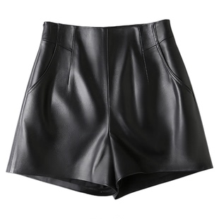 2112草市街真皮短裤女绵羊皮秋冬a字宽松高腰显瘦黑色休闲阔腿裤