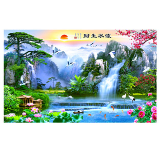 中式山水18d立体浮雕壁画客厅电视背景墙壁纸流水生财5d影视墙布
