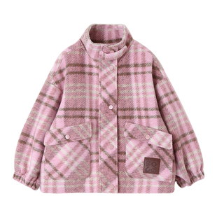 女童外套秋冬季2025新款儿童羊毛呢子大衣中大童粉色格子保暖上衣