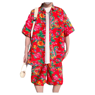 东北大花短裤套装夏季薄款三亚度假男装一套情侣装短袖衬衫两件套
